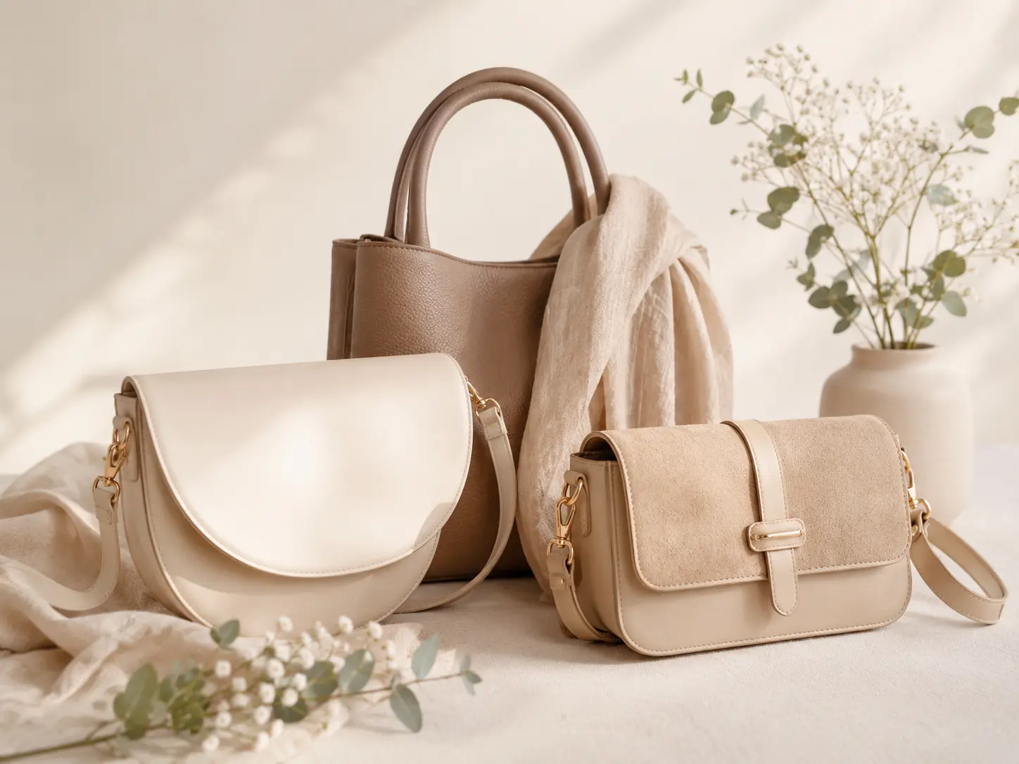 Collection de sacs élégants beige pour femme dans une ambiance douce et lumineuse