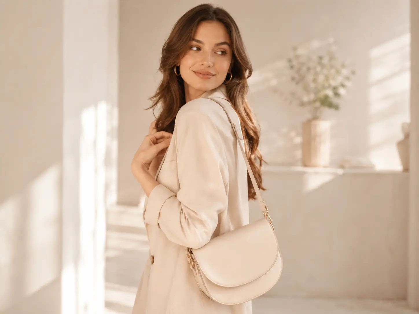 Jeune femme élégante portant un sac beige dans une ambiance lumineuse