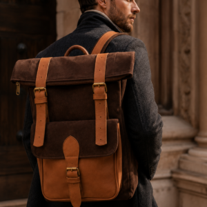 Dark Brown Suede and Leather Roll-Top Backpack | Minimalist Travel Backpack