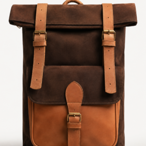 Dark Brown Suede and Leather Roll-Top Backpack | Minimalist Travel Backpack